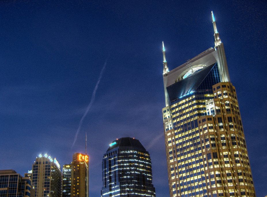 Nashville skyline view from a Gulch rooftop patio