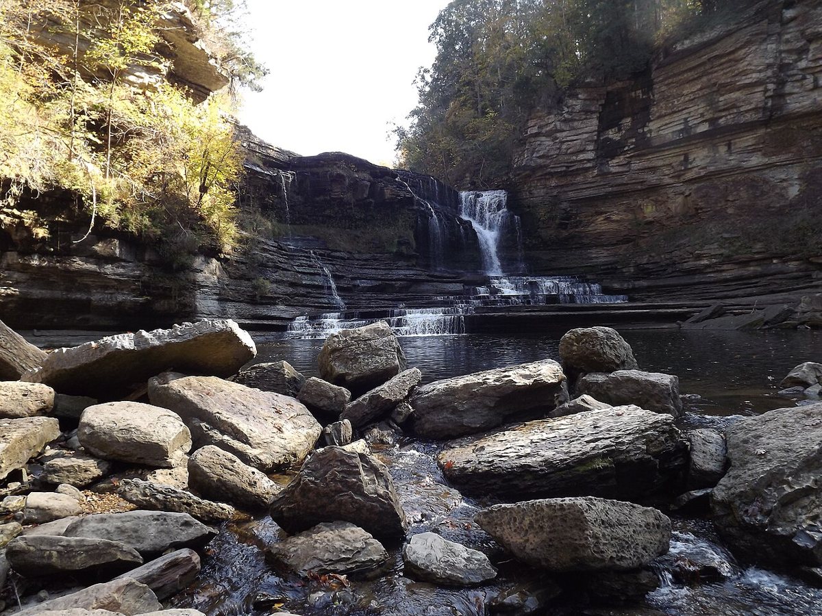 Wide waterfall and swimming hole at Cummins Falls State Park in Tennessee