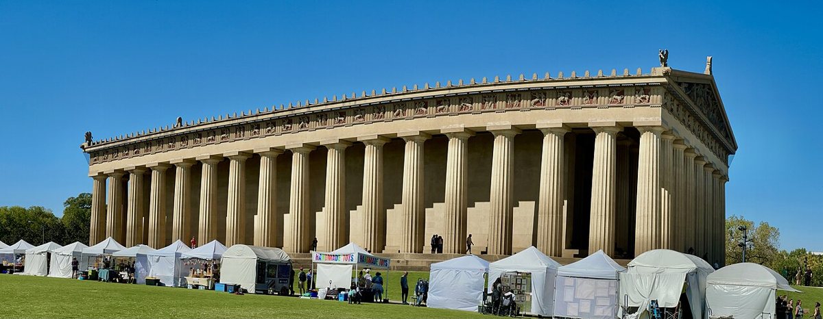 The full-scale Parthenon replica in Centennial Park at golden hour
