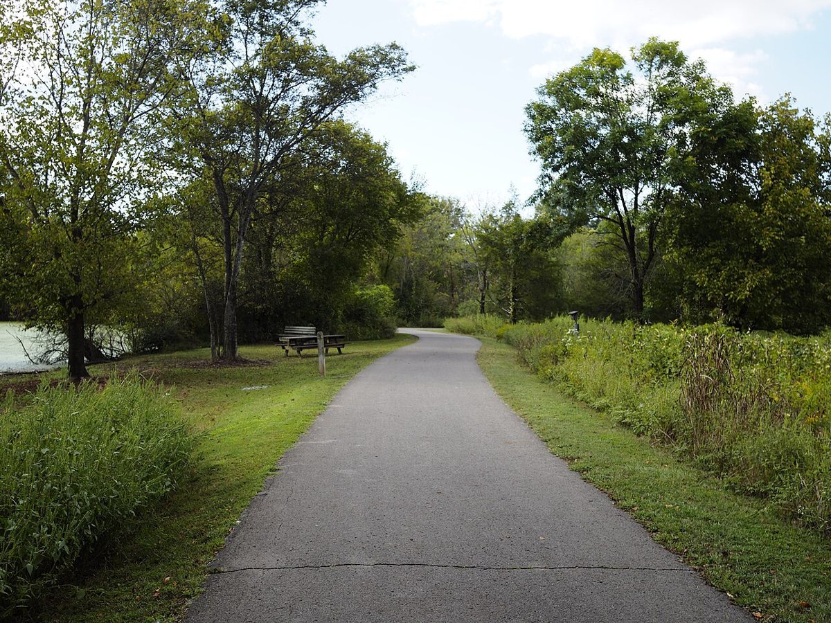 Paved trail through trees along the Shelby Bottoms Greenway at dusk