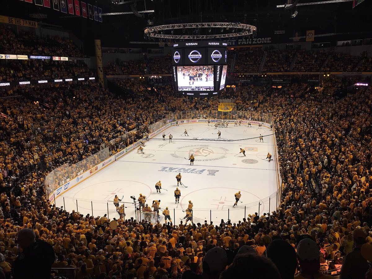 Bridgestone Arena in downtown Nashville on a game night