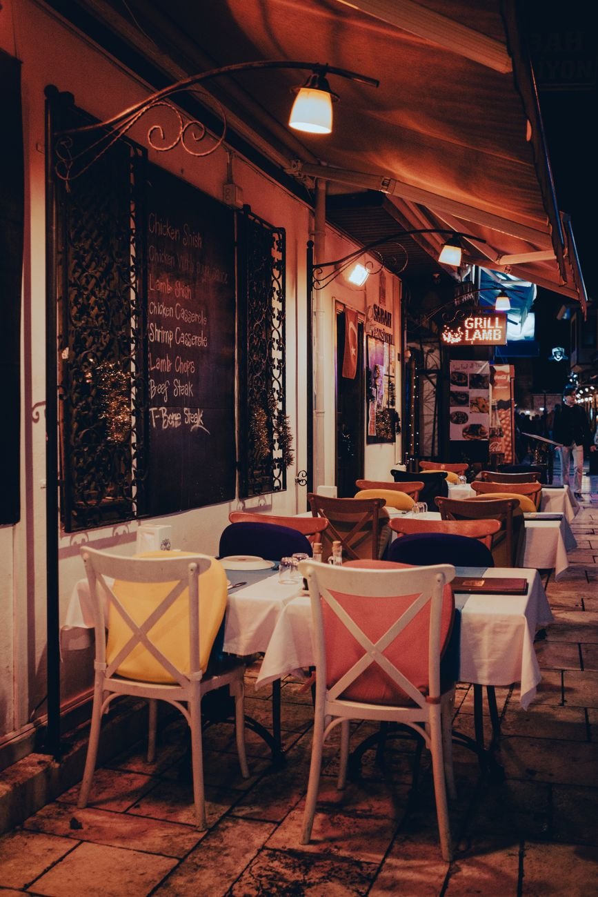 outdoor dining tables along a Gulch sidewalk